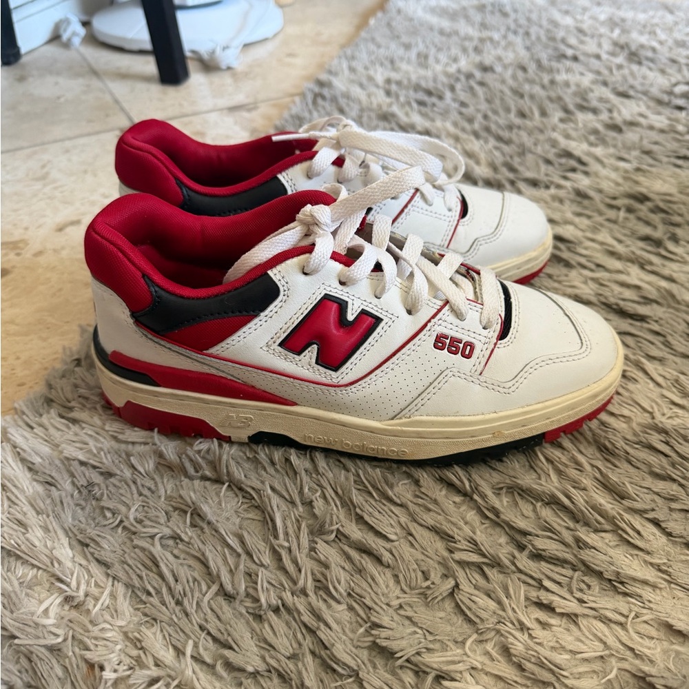 New Balance White & Red 550 Low-Top Sneakers